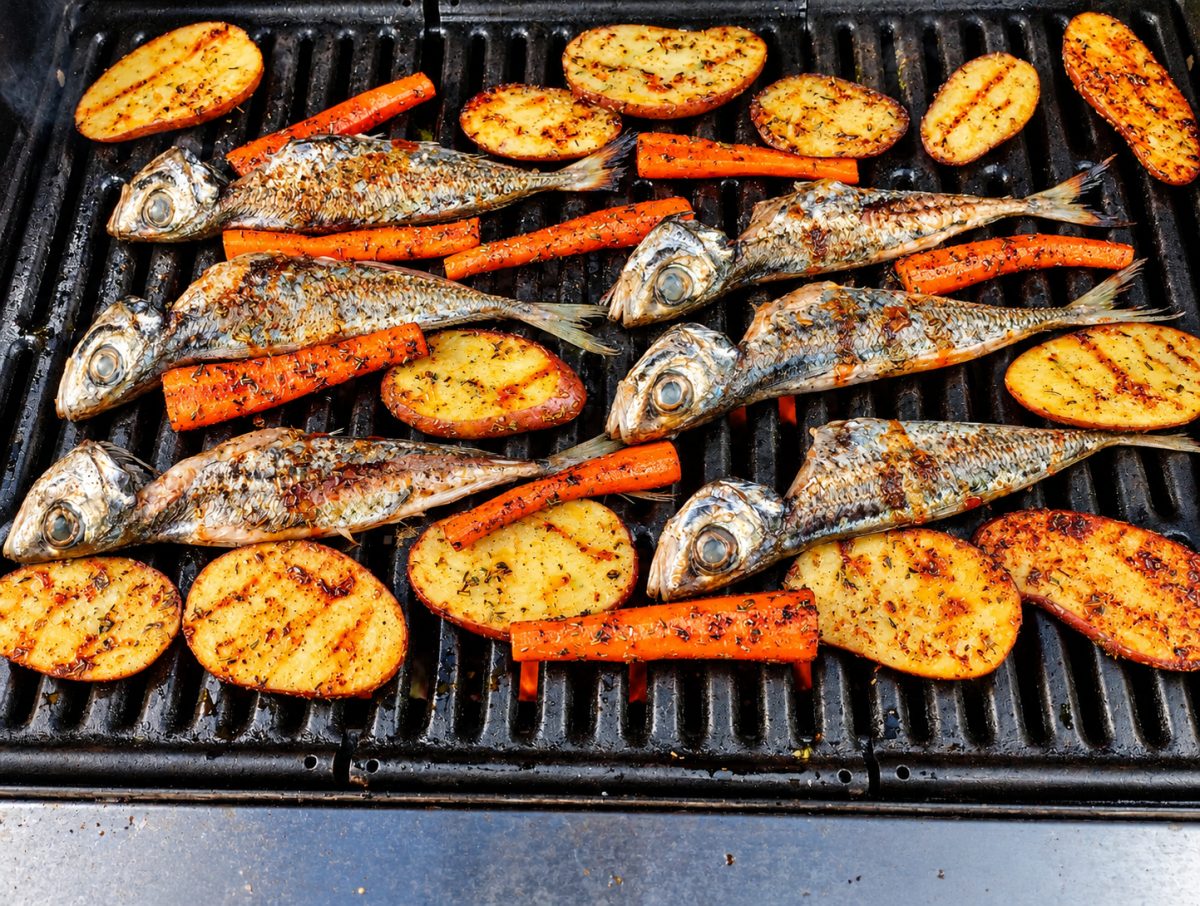 Fisch, Kartoffeln und Gemüse auf dem Grill